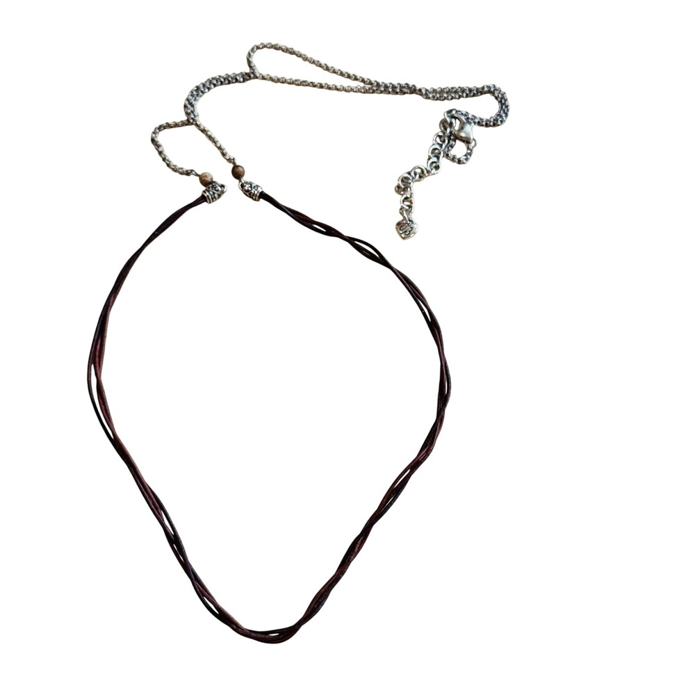 Brighton Deco lace leather Necklace charm holder Silver Plated chain long 34"